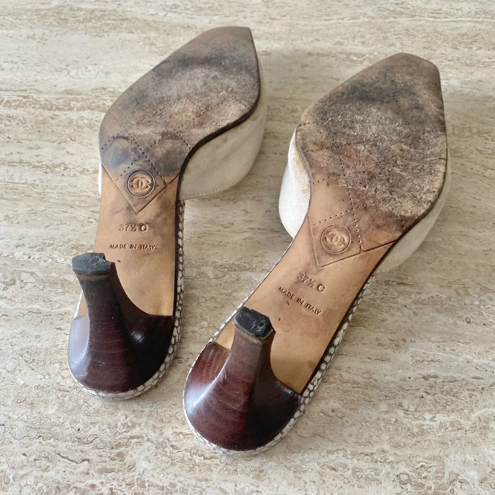 CHANEL Beige and White Mules with Bow Detail